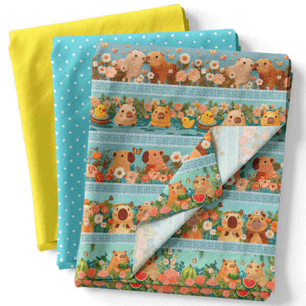 Composê Tricoline Digital Barrado Capivaras e Girassóis + Sarja Poá ou Lisa