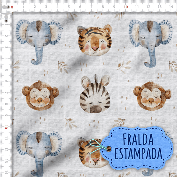 Tecido Fralda Estampada Animais na Savana 100% Algodão 60 x 70 cm