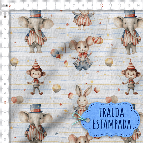 Tecido Fralda Estampada Animais no Circo 100% Algodão 60 x 70 cm