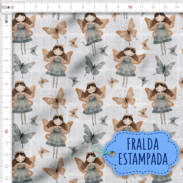 Tecido Fralda Estampada Fada e Borboletas 100% Algodão 60 x 70 cm