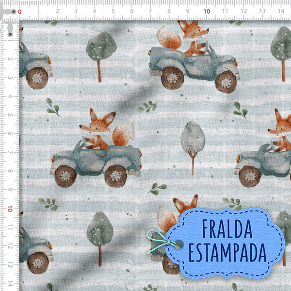 Tecido Fralda Estampada Raposa Motorista 100% Algodão 60 x 70 cm