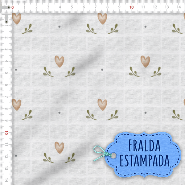 Tecido Fralda Estampado Corações e Raminhos 100% Algodão 60 x 70 cm