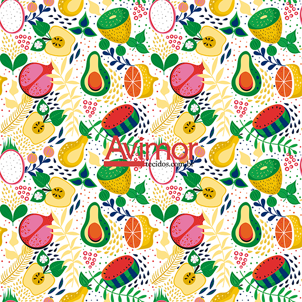 Sintético Doll Estampado Frutas e Folhas | Avimor Tecidos