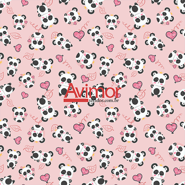 Sintético Doll Estampado Panda Love Fundo Rosa | Avimor Tecidos