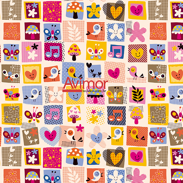 Sintético Doll Estampado Patchwork Love | Avimor Tecidos