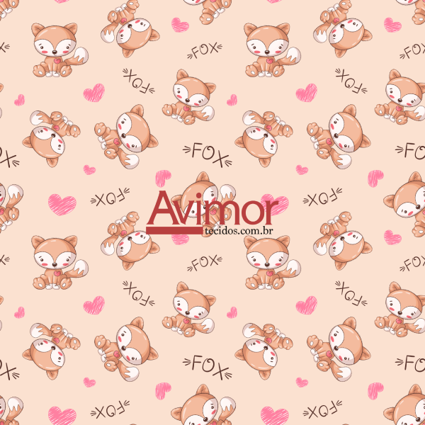 Sintético Doll Estampado Raposa Cute Fundo Bege | Avimor Tecidos