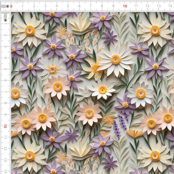 Tecido Tricoline Digital 3D Botões de Flores Tons Lilás e Bege 9100e10753