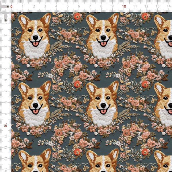 Tecido Tricoline Digital 3D Cachorro Corgi Floral 9100e10789