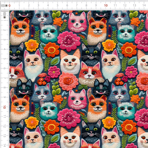 Tecido Tricoline Digital 3D Gatos Floral 9100e10961