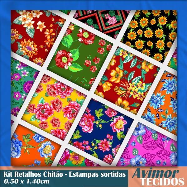 Kit Retalhos Chitão Estampas Variadas 0,50x1,40cm