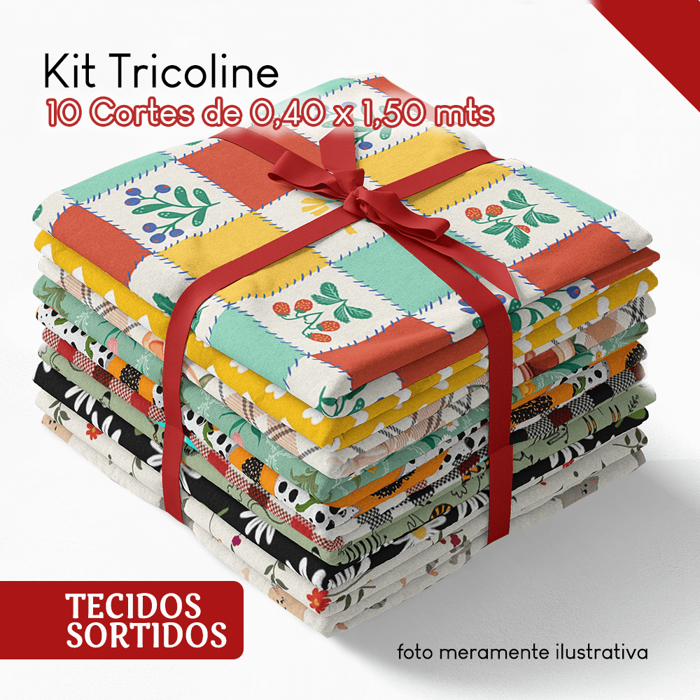Kit Tricoline Sortidos 100% Algodão Variados com 10 cortes de (0,40 X 1,50 MTS) KT030