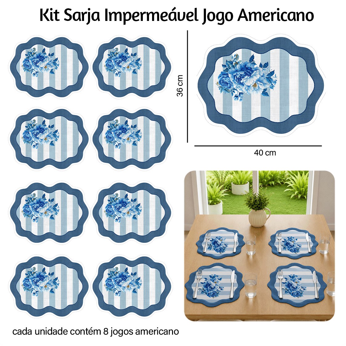 Kit Sarja Estampada Impermeável Jogo Americano Floral Azul 9100E16565