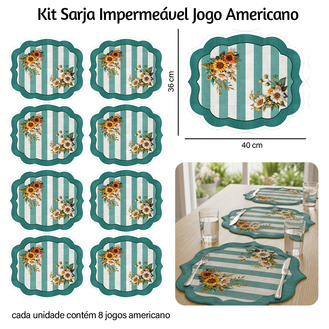 Kit Sarja Estampada Impermeável Jogo Americano Floral Girassol 9100E16562