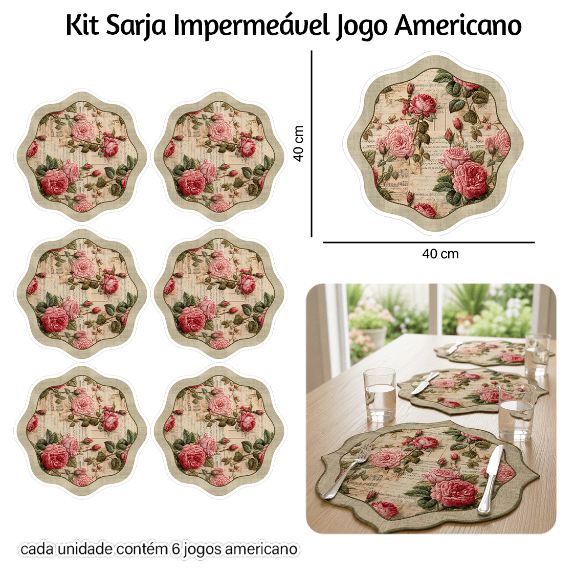 Kit Sarja Estampada Impermeável Jogo Americano Floral Musical 9100E16557