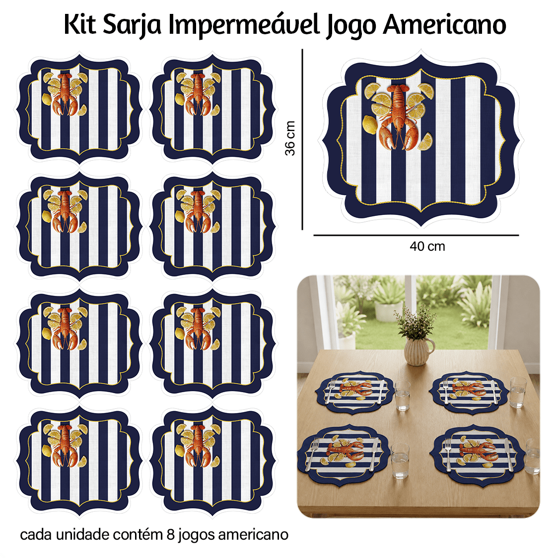 Kit Sarja Estampada Impermeável Jogo Americano Lagosta e Limão Siciliano 9100E16569