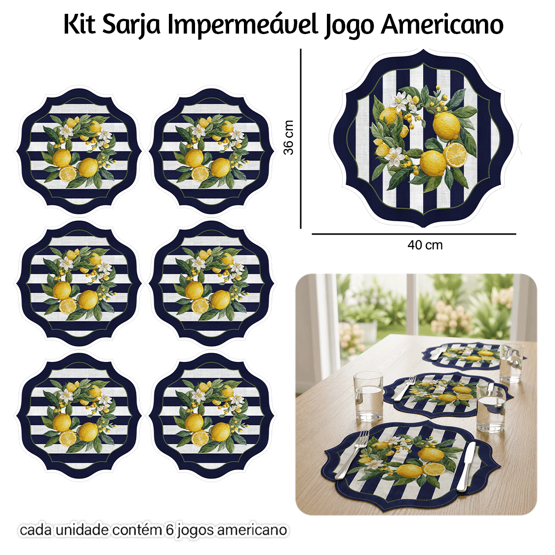 Kit Sarja Estampada Impermeável Jogo Americano Limão Siciliano 9100E16548