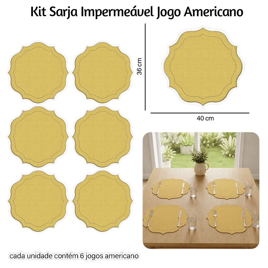 Kit Sarja Estampada Impermeável Jogo Americano Liso Amarelo 9100E16574