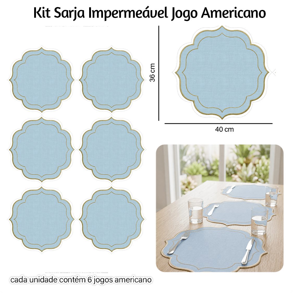 Kit Sarja Estampada Impermeável Jogo Americano Liso Azul 9100E16572