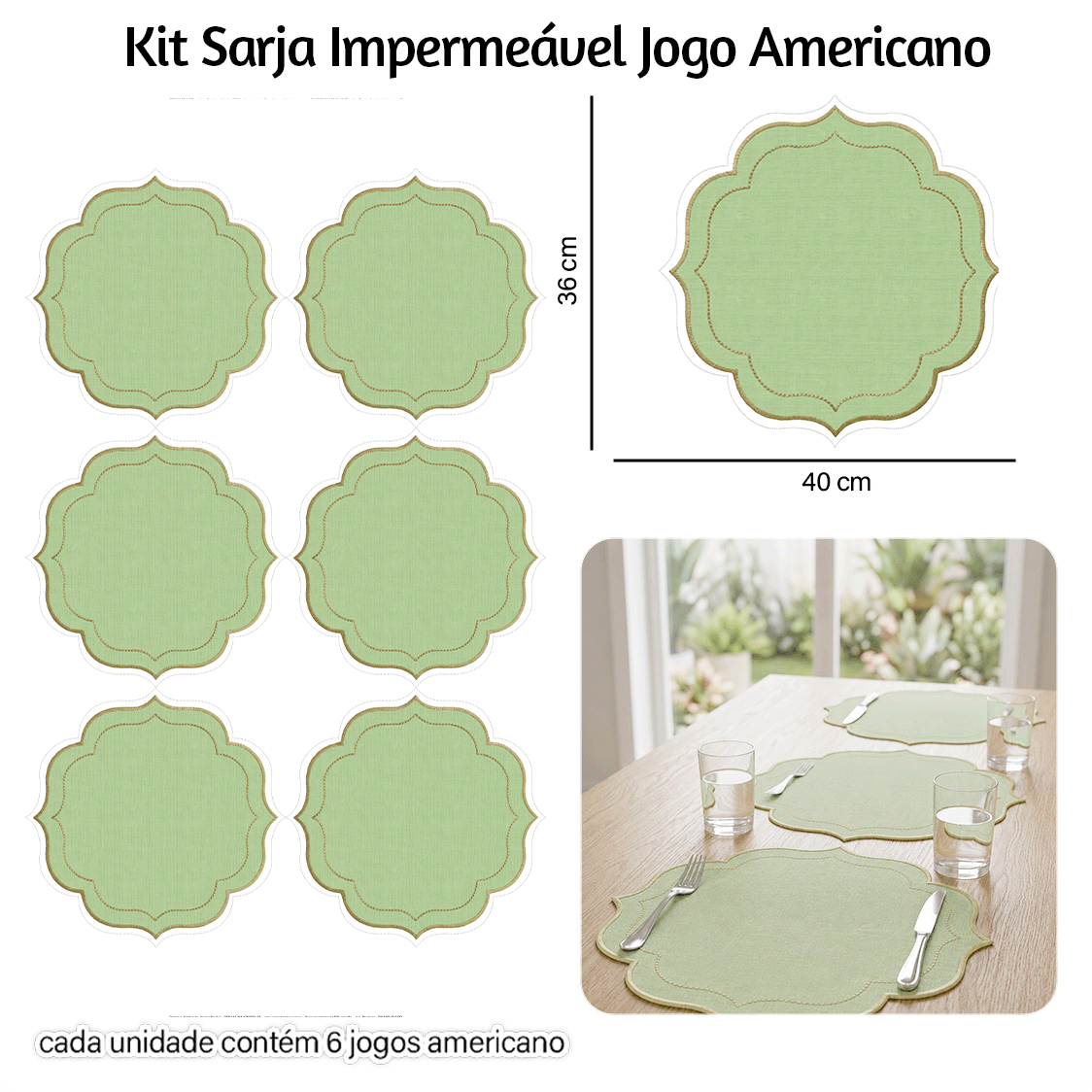 Kit Sarja Estampada Impermeável Jogo Americano Liso Pistache 9100E16573