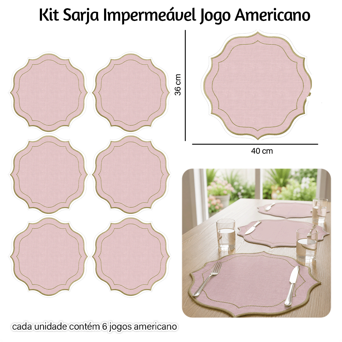Kit Sarja Estampada Impermeável Jogo Americano Liso Rosa 9100E16566