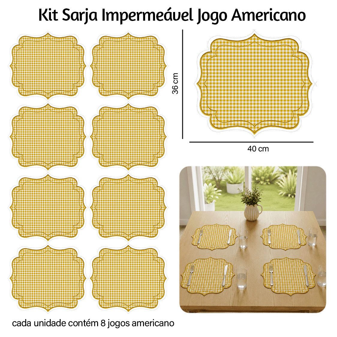 Kit Sarja Estampada Impermeável Jogo Americano Xadrez Amarelo 9100E16546