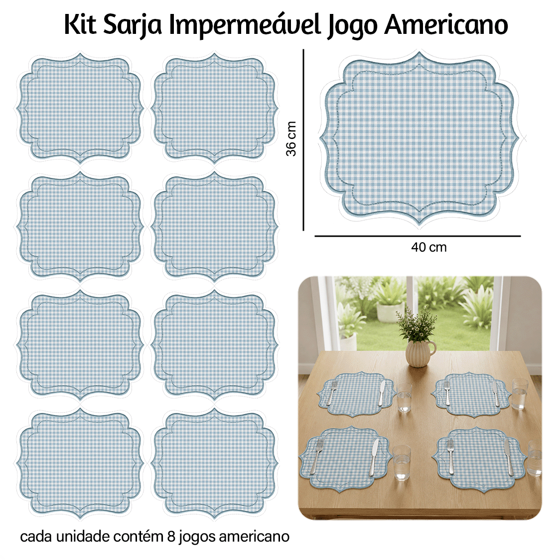 Kit Sarja Estampada Impermeável Jogo Americano Xadrez Azul Bebê 9100E16549