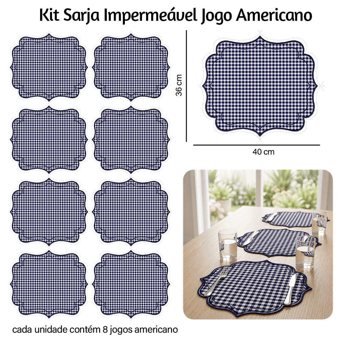 Kit Sarja Estampada Impermeável Jogo Americano Xadrez Azul Marinho 9100E16551