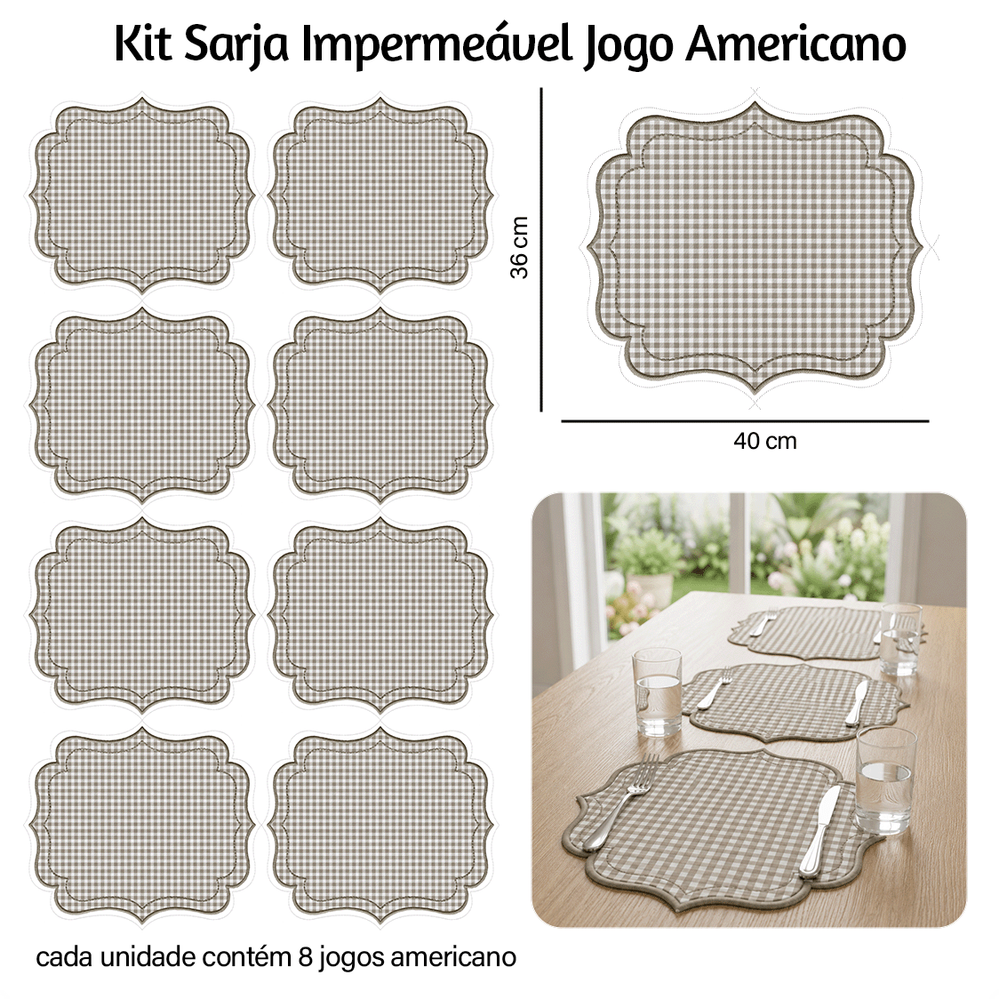 Kit Sarja Estampada Impermeável Jogo Americano Xadrez Cinza 9100E16553