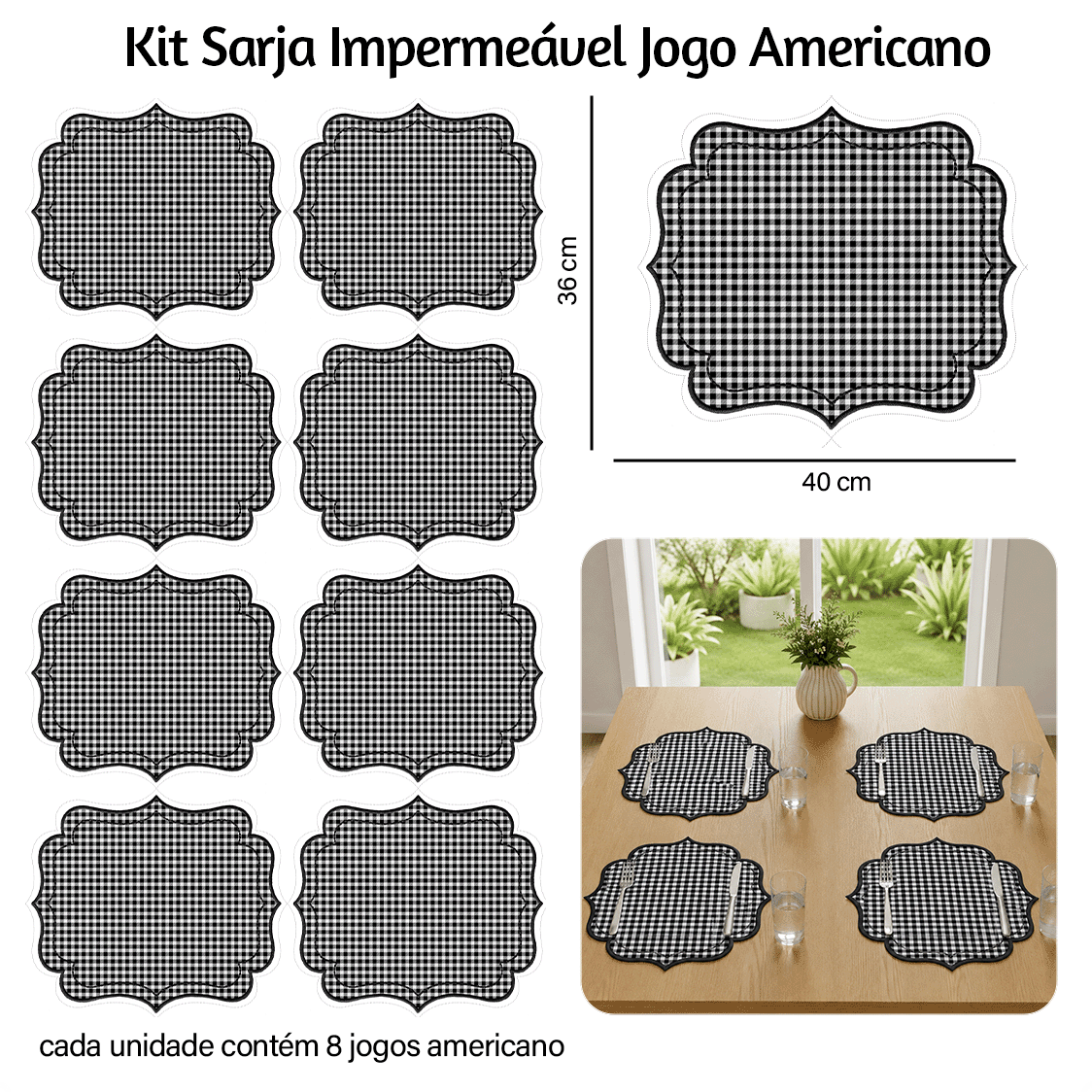 Kit Sarja Estampada Impermeável Jogo Americano Xadrez Preto 9100E16555
