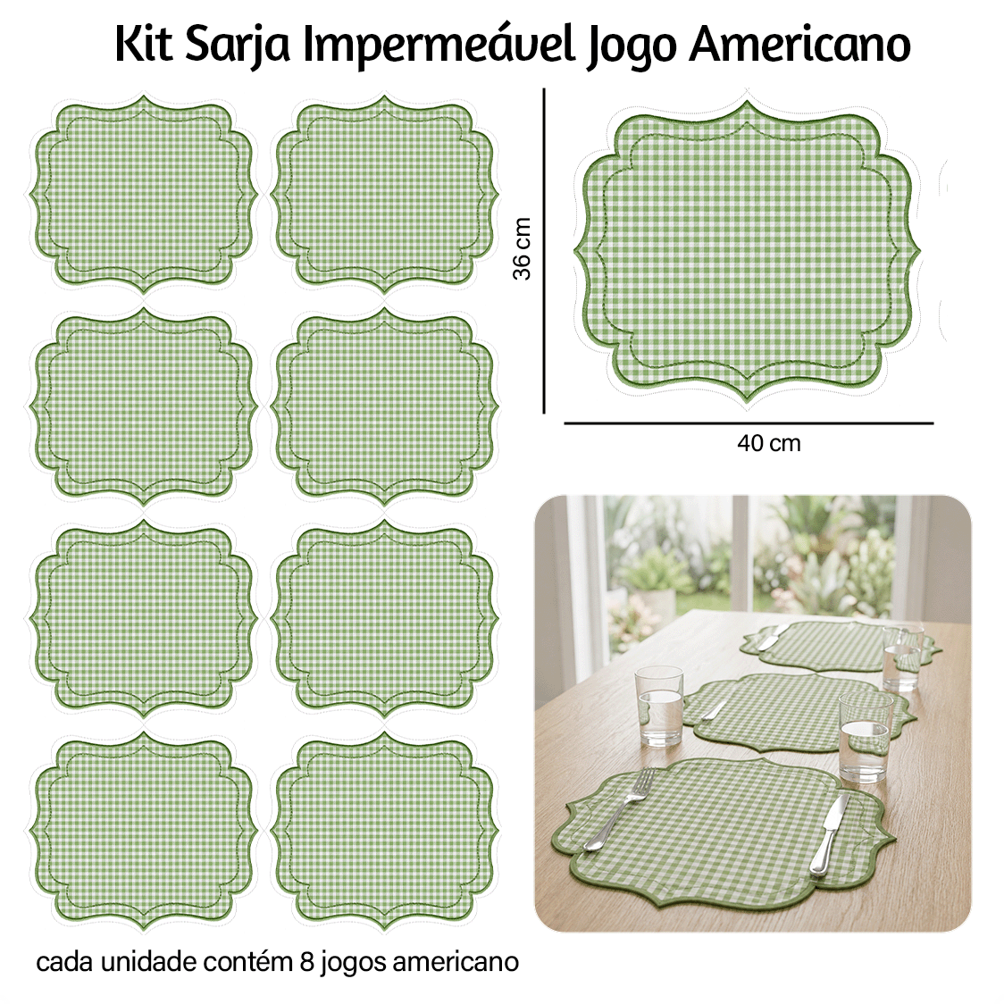 Kit Sarja Estampada Impermeável Jogo Americano Xadrez Verde 9100E16567