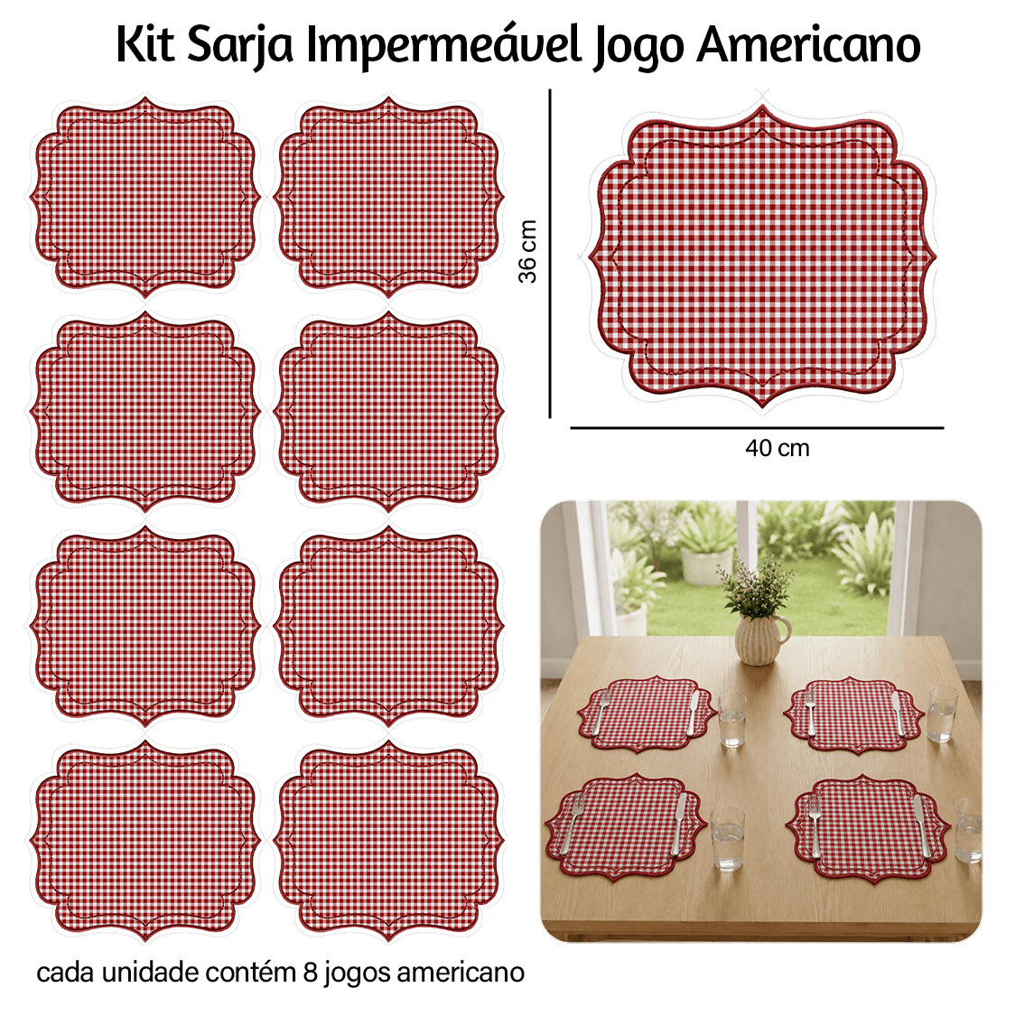 Kit Sarja Estampada Impermeável Jogo Americano Xadrez Vermelho 9100e16558