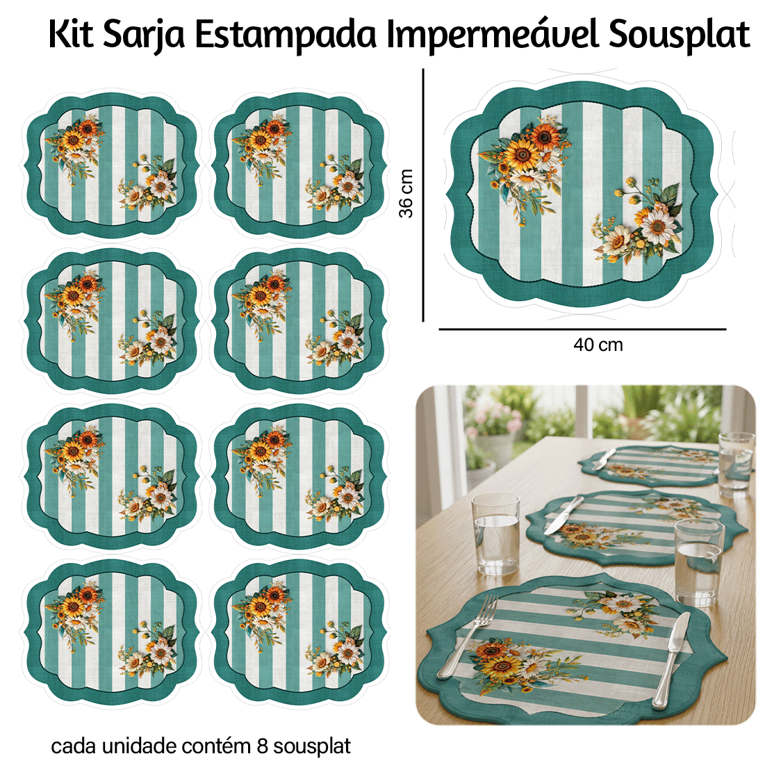 Kit Sarja Estampada Impermeável Sousplat Floral Girassol 9100E16562