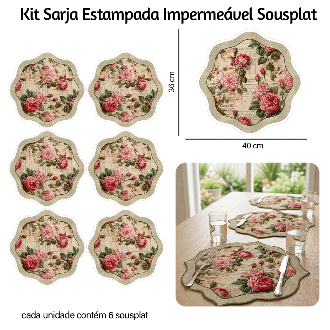 Kit Sarja Estampada Impermeável Sousplat Floral Musical 9100E16557