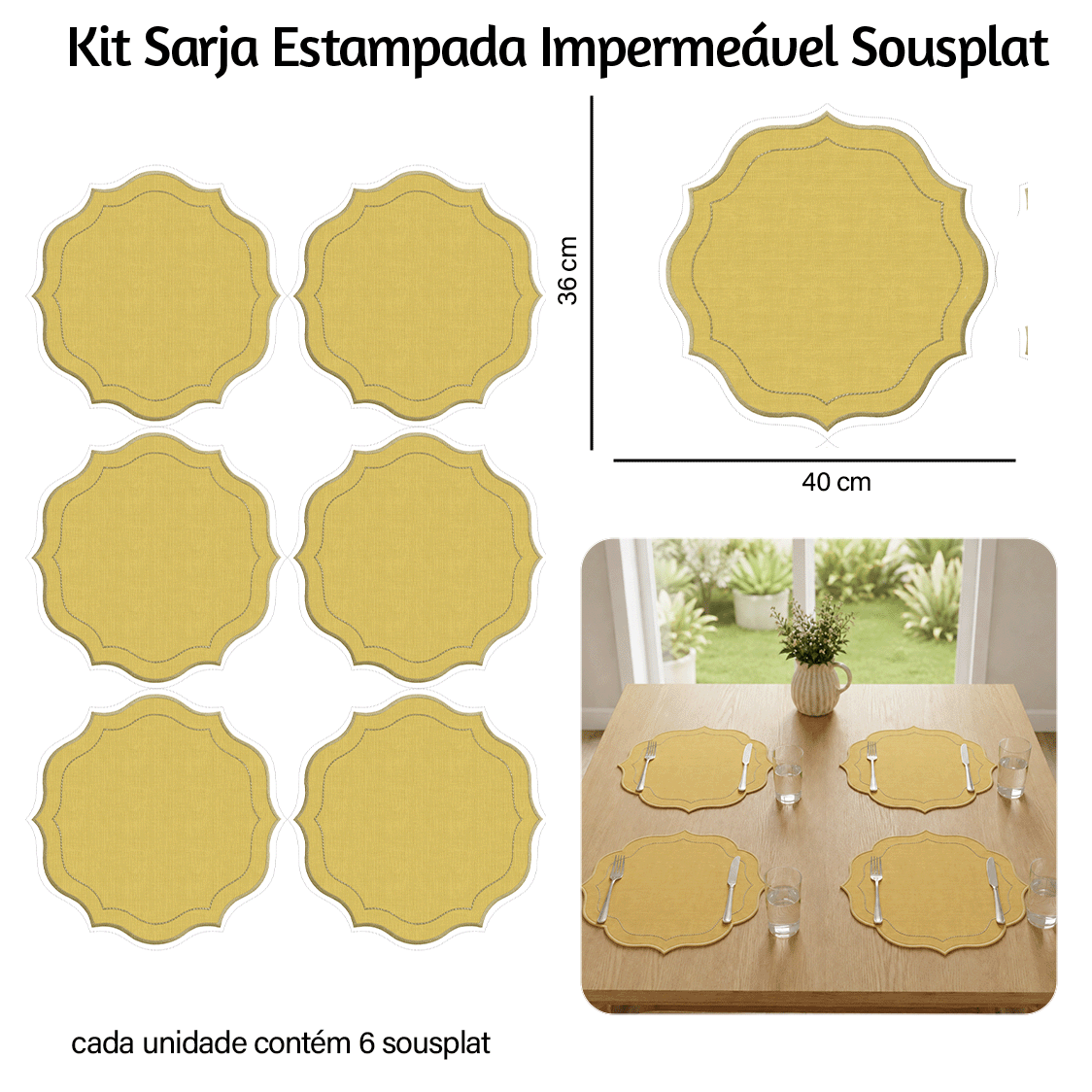 Kit Sarja Estampada Impermeável Jogo Americano Liso Amarelo 9100E16574
