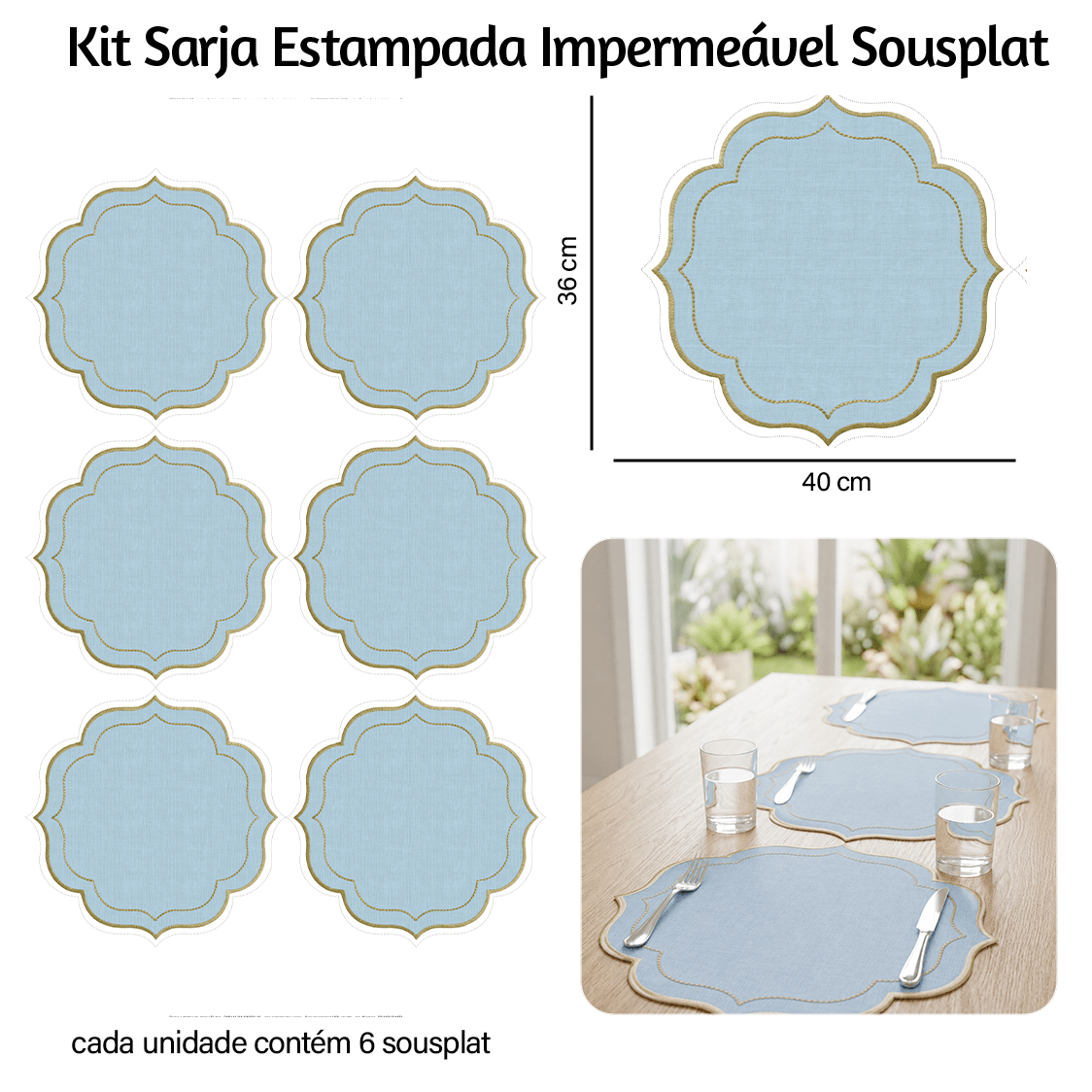 Kit Sarja Estampada Impermeável Jogo Americano Liso Azul 9100E16572