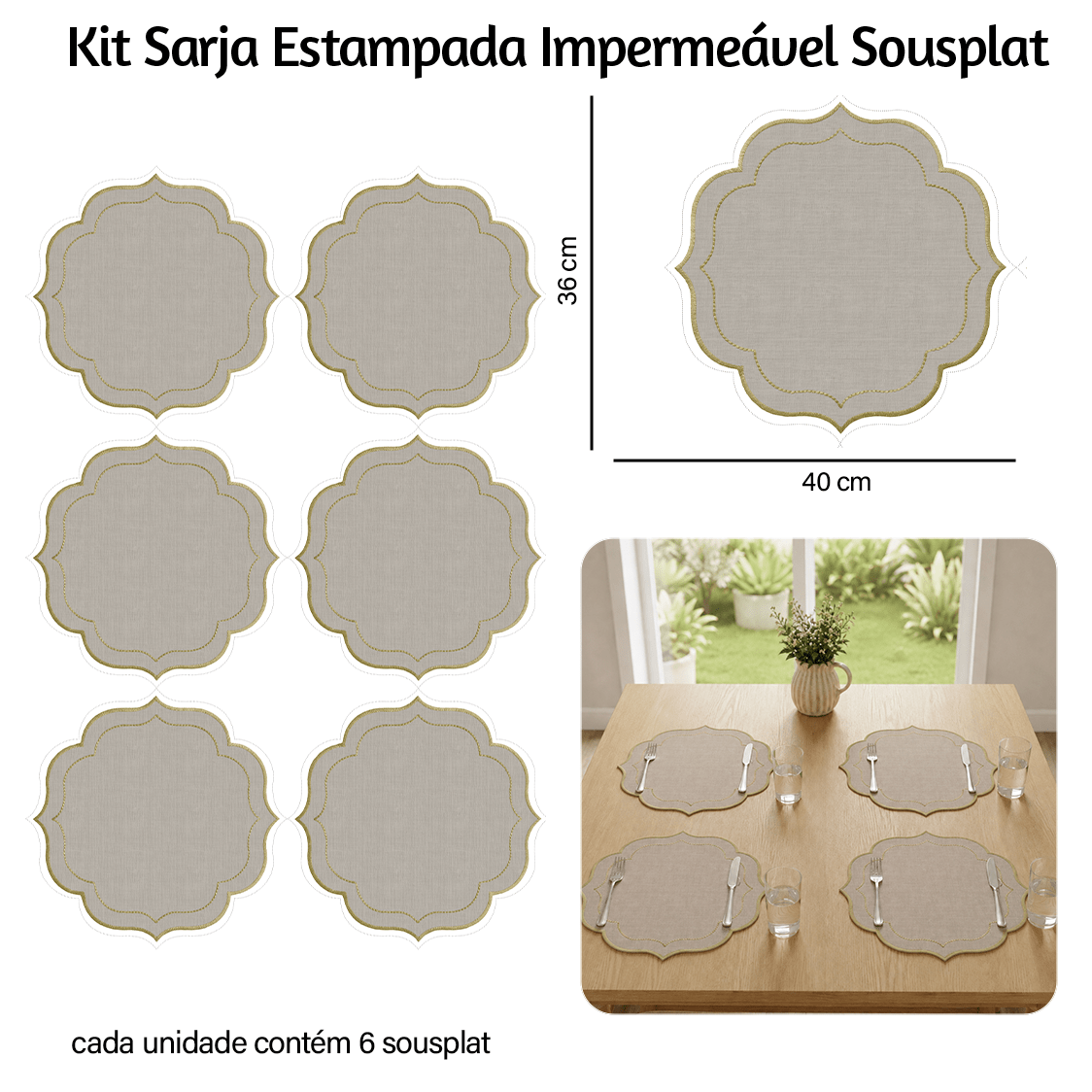 Kit Sarja Estampada Impermeável Jogo Americano Liso Cinza 9100E16571