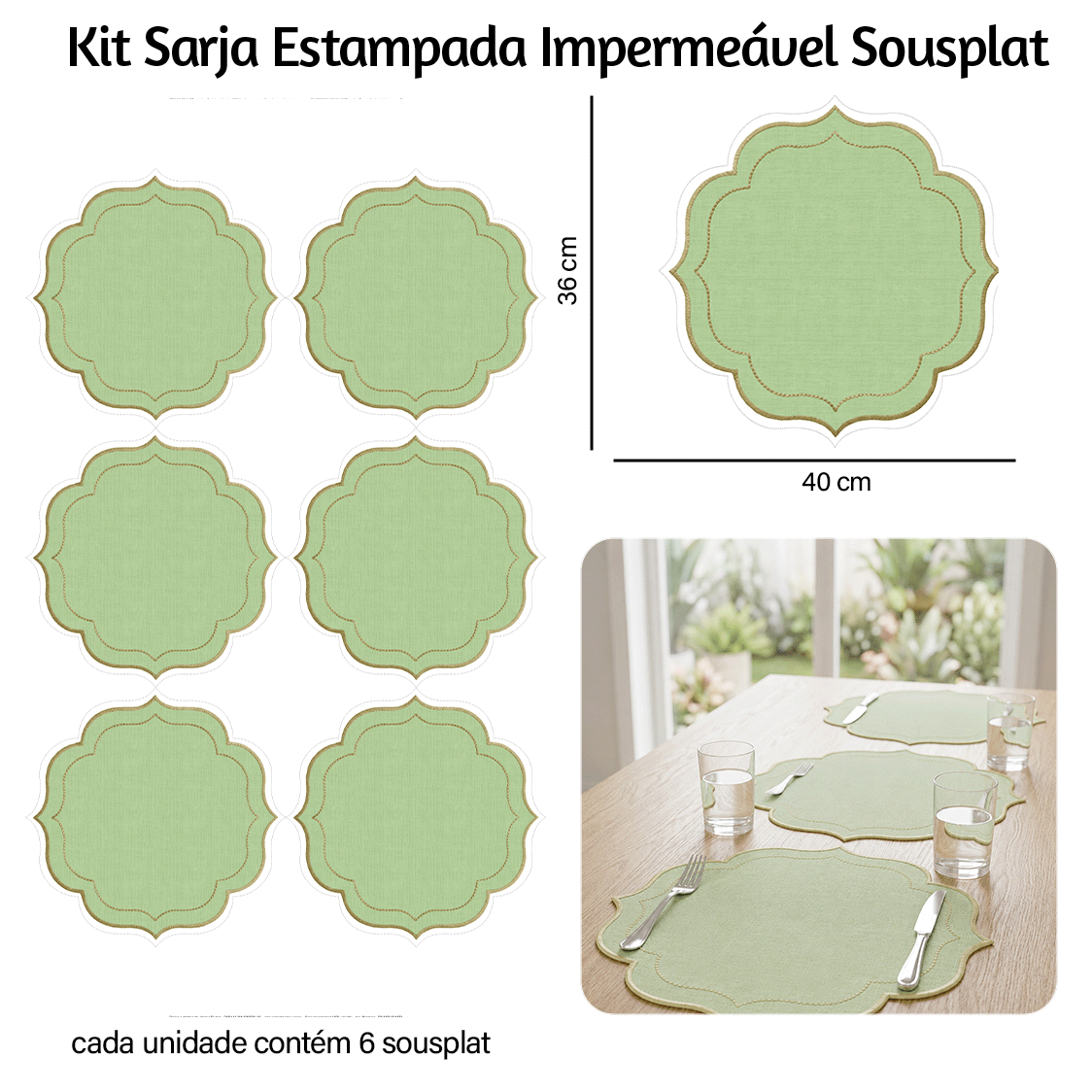 Kit Sarja Estampada Impermeável Jogo Americano Liso Pistache 9100E16573