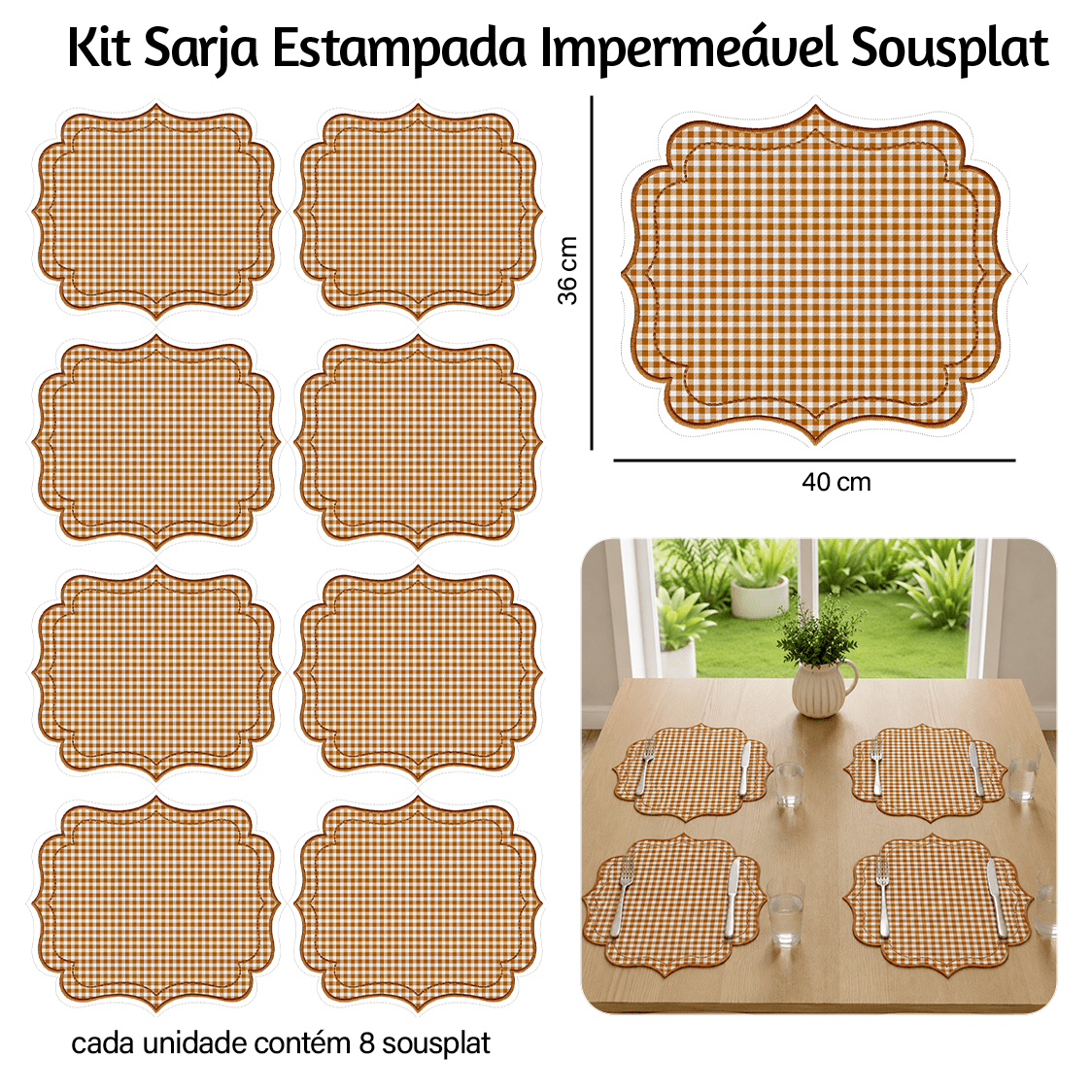 Kit Sarja Estampada Impermeável Sousplat Xadrez Caramelo 9100E16563