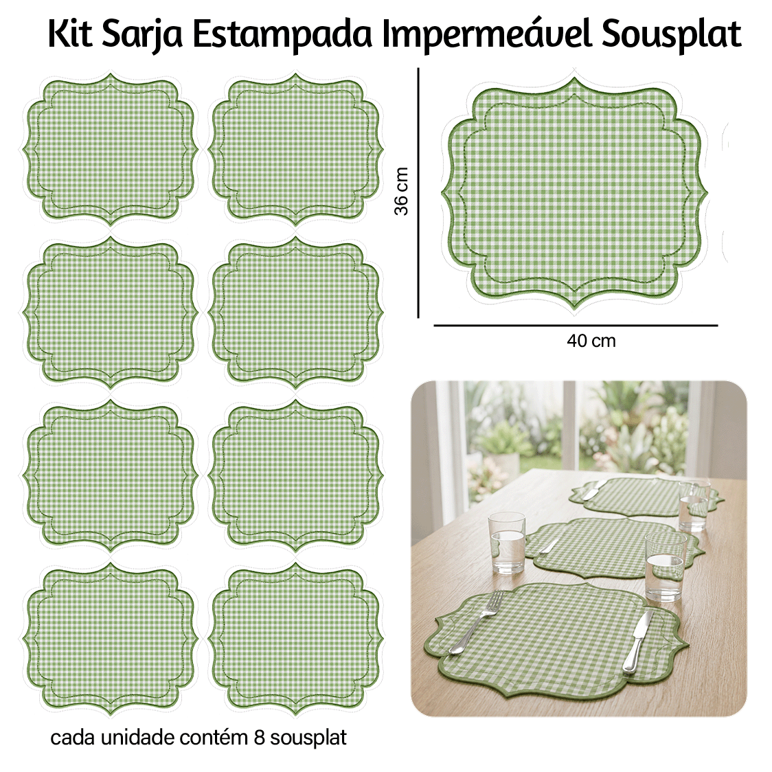 Kit Sarja Estampada Impermeável Sousplat Xadrez Verde 9100E16567