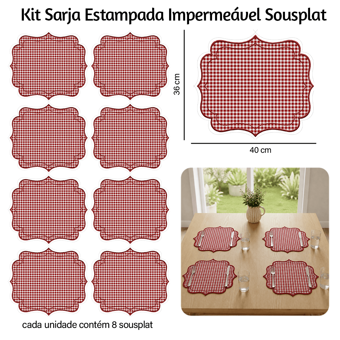 Kit Sarja Estampada Impermeável Jogo Americano Xadrez Vermelho 9100e16558