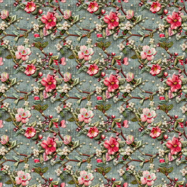 Sarja Impermeável Estampada Efeito 3D Flores Rosas e Pérolas Bordadas 9100e15237