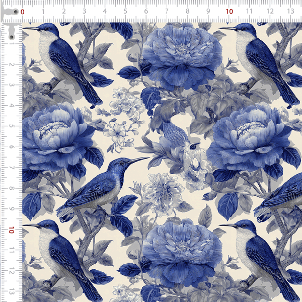 Sarja Impermeavel Estampada Efeito 3D Pássaros e Flores Azuis 9100E15615
