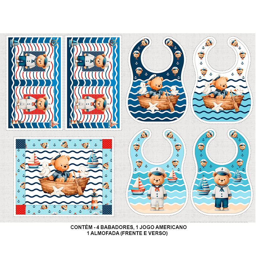 Sarja Impermeável Estampada Kit Painel Jogo Americano + Babador + Almofada Ursinho Capitão 9100E16122