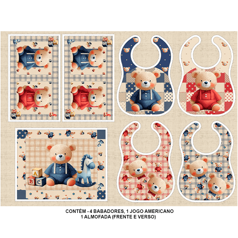 Sarja Impermeável Estampada Kit Painel Jogo Americano + Babador + Almofada Ursinho Infantil 9100E16121