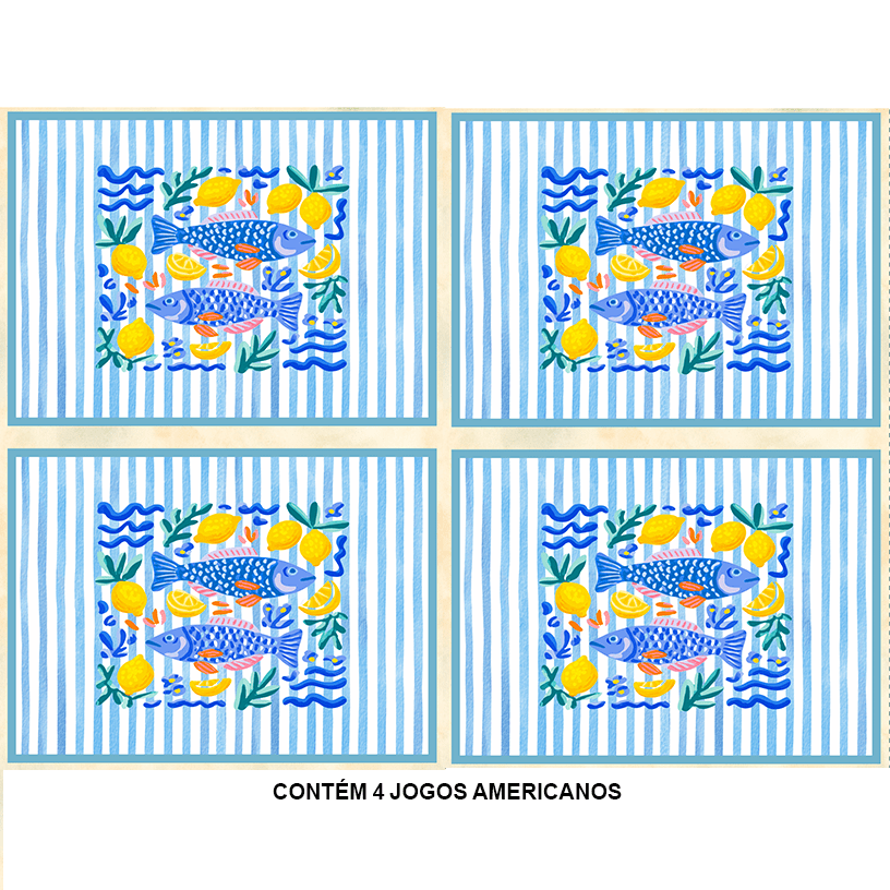 Sarja Impermeável Estampada Jogo Americano Peixe Azul Limão 9100E15945