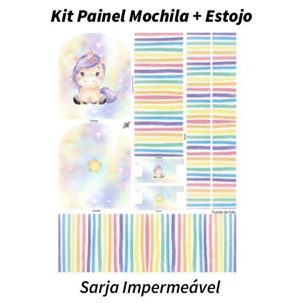 Sarja Impermeável Painel Mochila + Estojo Bebê Unicórnio Arco Íris 9100e9517