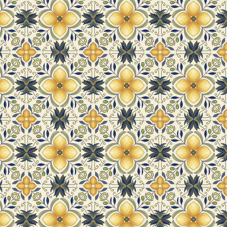 Tecido Sarja Impermeável Estampada Azulejo Floral com Limões 9100e17234