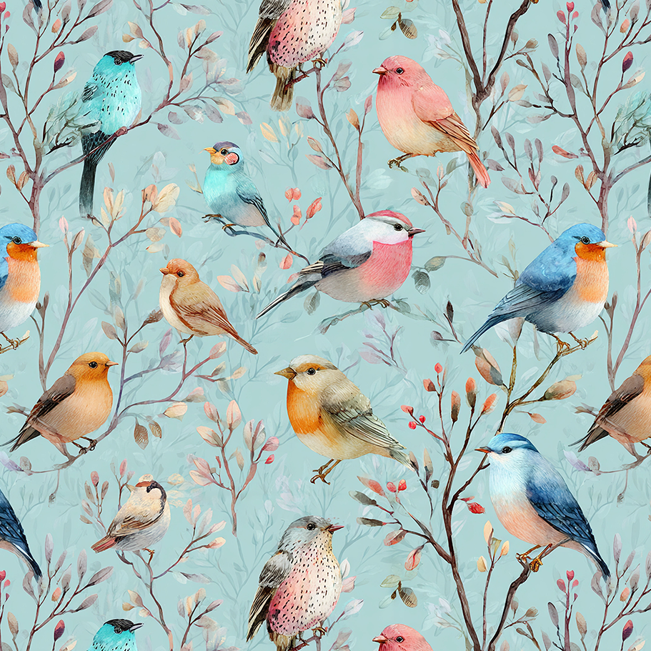 Tecido Sarja Impermeável Estampada Pássaros Aquarela Azul 9100e17113