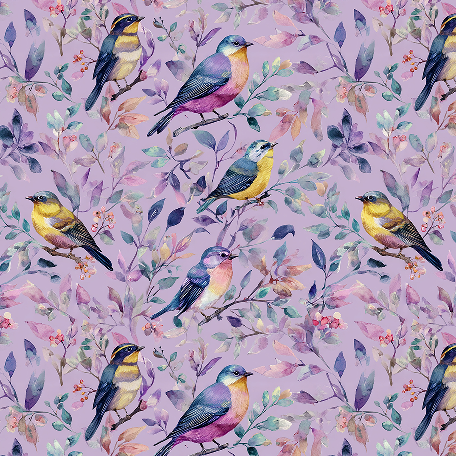 Tecido Sarja Impermeável Estampada Pássaros Aquarela Lilás 9100e17111