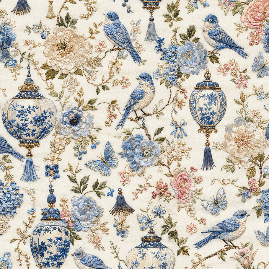 Tecido Sarja Impermeável Estampada Pássaros e Porcelanas Azul 9100e17227